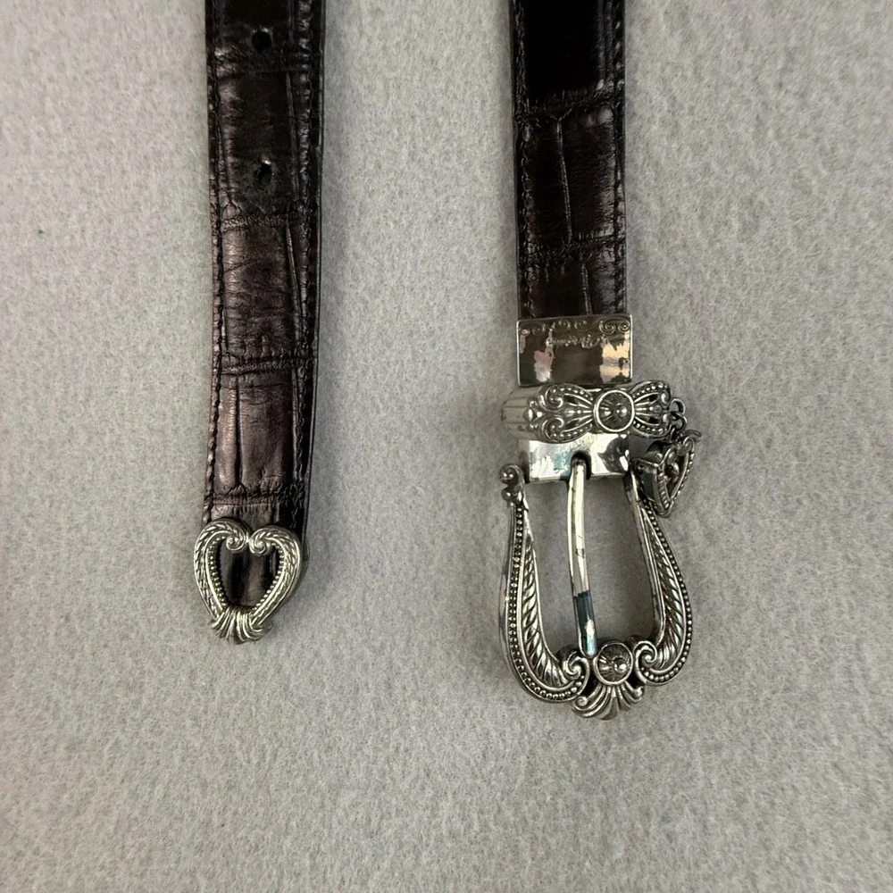 Brighton Belt Size 36 Alligator Embossed Brown Leather Skinny Belt‎ Silver Heart